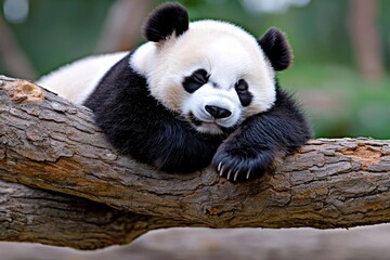 Obraz premium minimal photostock of a Lazy Panda Bear Sleeping on a Tree Branch, China Wildlife