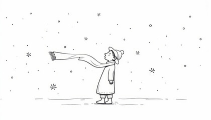 Fototapeta premium Black and white illustration of a young caroler in a scarf enjoying the snowfall