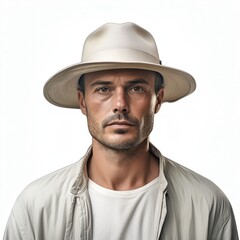 The man is looking at the camera with a serious expression. He is wearing a casual beige hat, a light brown shirt, and a white t-shirt. The background is a medium close-up of a white wall.