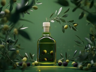 Elegant Olive Oil Bottle Surrounded by Lush Leaves on a Serene Green Background