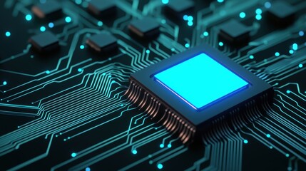A close-up of a blue-lit microchip on a circuit board, showcasing intricate circuitry and electronic components.