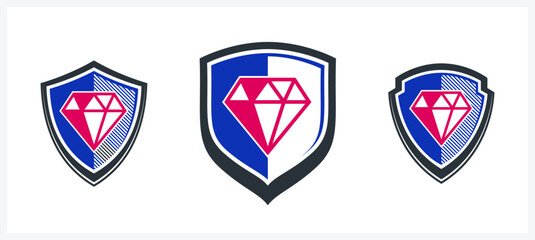 Shield with diamond logo vector, ammo protection symbol, antivirus or sport theme, insurance or guarantee.