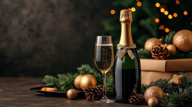 Celebratory sparkling cider with decorative glass bottle holiday gathering table setting festive atmosphere close-up joyful occasion