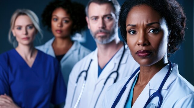 Confident doctors in blue scrubs at hospital scene.