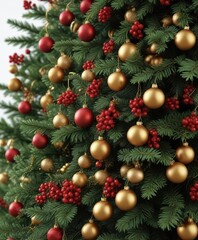 Fototapeta premium Fir Christmas tree with golden ornaments and red berries, autumnal colors, cozy, warm