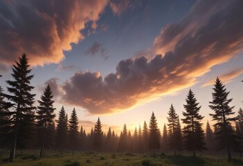 Obraz premium A wispy cloud band stretches across the sky at sunset over a forest of trees, peaceful atmosphere, serene landscape, soft light