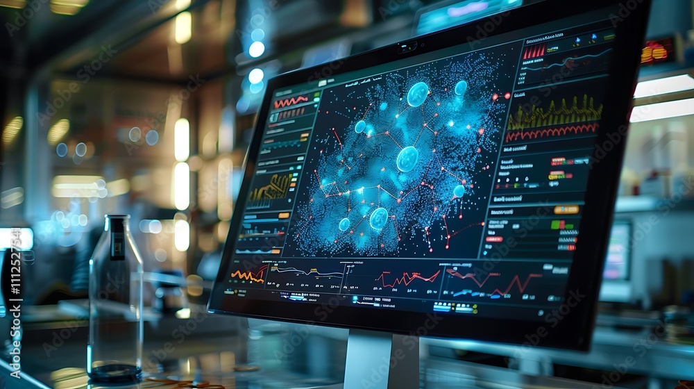 Poster a touchscreen monitor in a lab displaying an interactive map of the human genome and neural networks