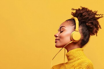 A woman wearing headphones, listening to music happily.