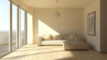 Minimalist living room with light wood floors, a neutral-toned sofa, and a single modern pendant light illuminating the space