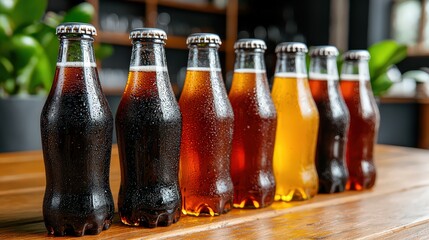 Colorful glass soda bottles displayed in rain indoor setting beverage photography vibrant environment artistic viewpoint