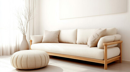 Minimalist living room with light wood accents, a clean cream sofa, and a neutral-toned ottoman