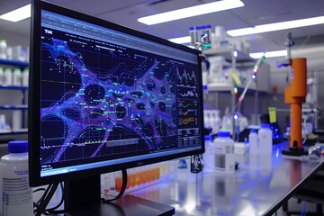 Fototapeta premium A touchscreen monitor in a lab displaying an interactive map of the human genome and neural networks