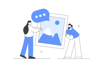 Characters posting in social media. Holding instagram apps social media post. Blogging. Influencer bloggers. SMM creative idea. Flat Cartoon Vector Illustration, icon. Stylish abstract