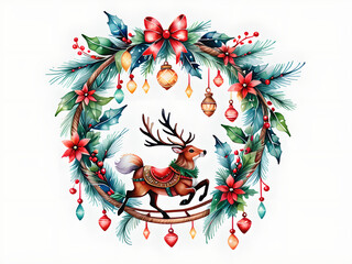 Magical Dreamcatcher Santa Sleigh: Intricate Weaving & Twinkling Fairy Lights in Watercolor Clip Art on Flat White Background