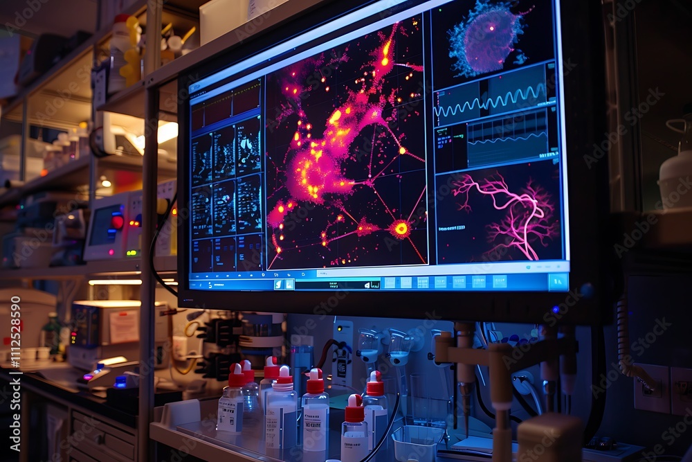 Poster a touchscreen monitor in a lab displaying an interactive map of the human genome and neural networks