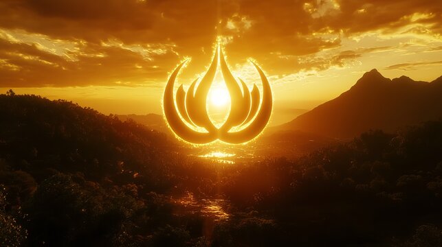 A radiant sunset illuminates the khanda symbol, set against a serene landscape of mountains and lush greenery.