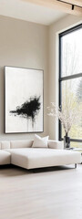 Minimalist living room with large open windows, a cream sofa, and a black-and-white abstract painting as a focal point