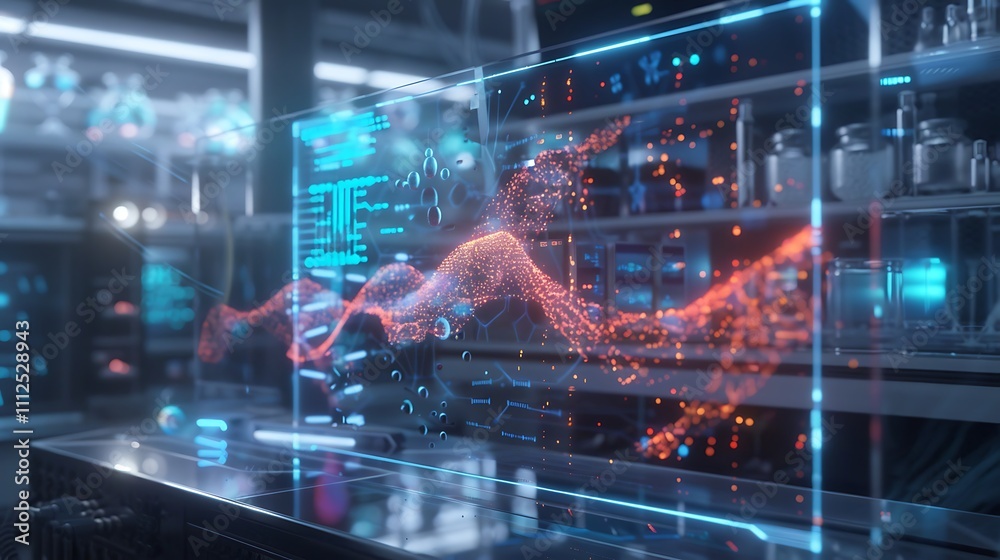 Poster a high-resolution touchscreen in a lab, displaying a detailed map of neural pathways with interactiv