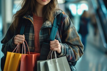 A woman carrying multiple shopping bags, possibly after a day of grocery shopping or retail therapy