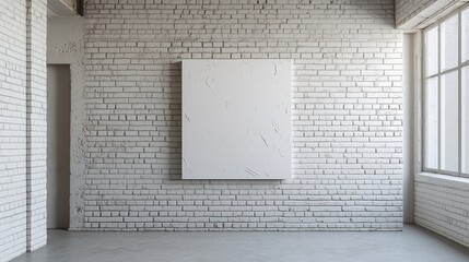 An empty white and black canvas on a white brick wall, on concrete floor and blank LCD screen