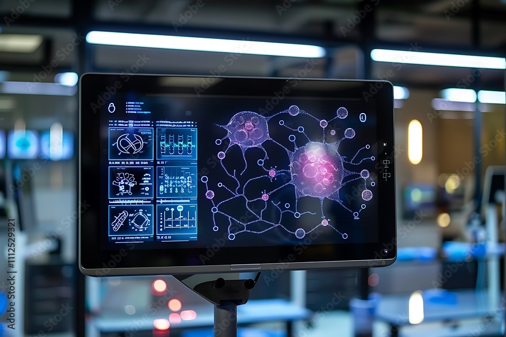 Poster a high-resolution touchscreen in a lab, displaying a detailed map of neural pathways with interactiv