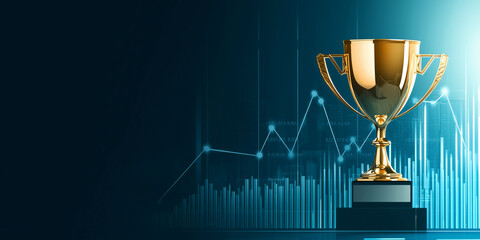 A shining golden trophy placed against a backdrop of rising bar and line graphs, symbolizing success, achievement, and financial growth. Ideal for business, investment, and leadership themes.