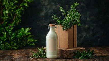 Retro glass milk bottle with logo surrounded by fresh herbs rustic setting still life natural environment close-up view authentic vibes
