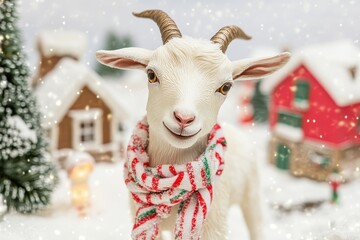 Festive Goat Wearing a Patterned Scarf Surrounded by a Winter Wonderland with a Candy Cane Design and Snowy Background in a Whimsical Scene