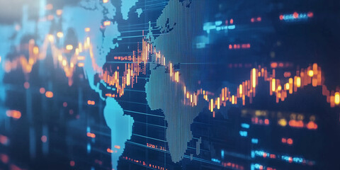 Financial graphs and data trends over a world map, symbolizing global markets, trading, and economic strategies. Ideal for finance, stock market, and analysis concepts.