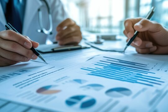 Nurse and Manager Analyzing Medical Data, Bills, and Hospital Codes - Powered by Adobe