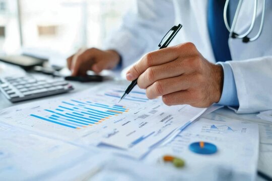 Nurse and Manager Analyzing Medical Data, Bills, and Hospital Codes