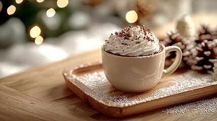 Fototapeta premium Cozy Winter Still Life with Hot Chocolate and Snowy Decor