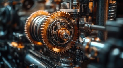 Obraz premium A close-up of intricate gears and machinery being installed in the mechanical room of a new high-rise building, with construction workers in safety vests carefully adjusting the system's components 