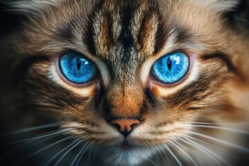 A detailed view of a feline's face featuring piercing blue eyes