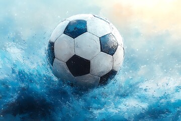 Fototapeta premium Abstract soccer ball on blue watercolor panoramic background, mosaic style - Vector illustration 