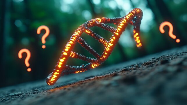A glowing DNA strand surrounded by question marks, symbolizing curiosity in genetics and molecular biology. - Powered by Adobe