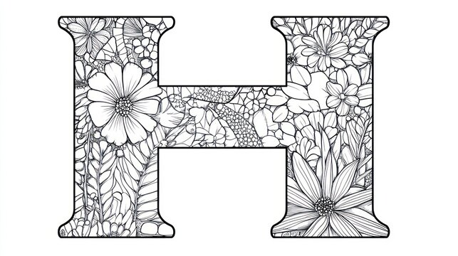 recommend clip art: Floral Letter H Coloring Page: Intricate Design for Adults