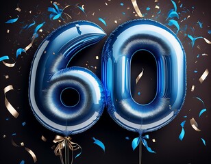 Blue birthday / anniversary balloon, number 60, black background with confetti