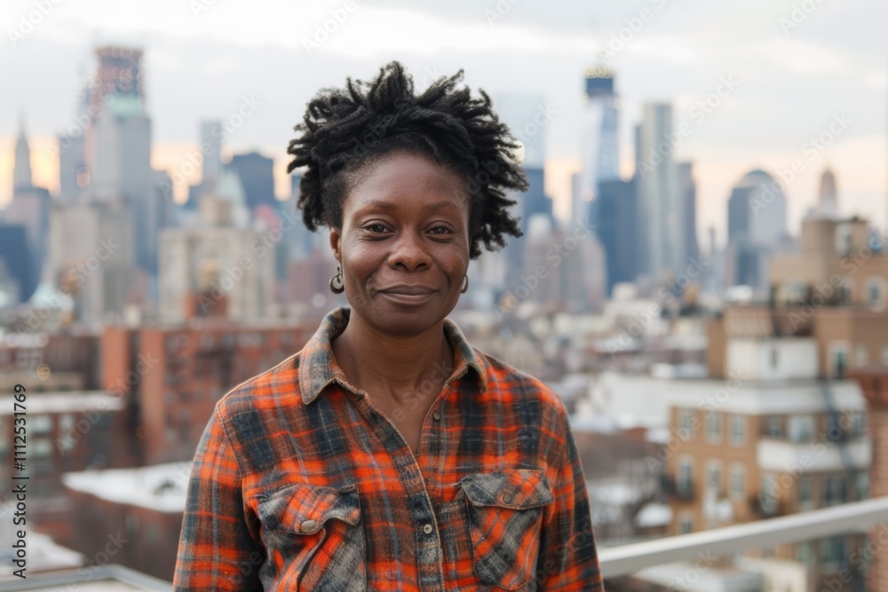 Sticker Portrait of a glad afro-american woman in her 40s dressed in a relaxed flannel shirt in vibrant city skyline