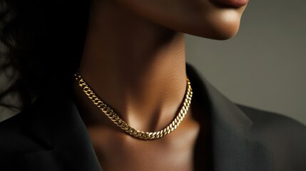 Elegant and Stylish Close-Up of a Woman Wearing a Chic Gold Necklace, Highlighting Sophisticated Jewelry in a Modern Fashion Setting