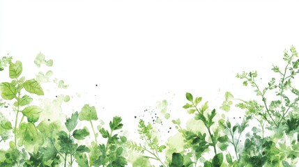 Fototapeta premium Artistic arrangement of fresh herbs in watercolor, vibrant green tones against a crisp white background