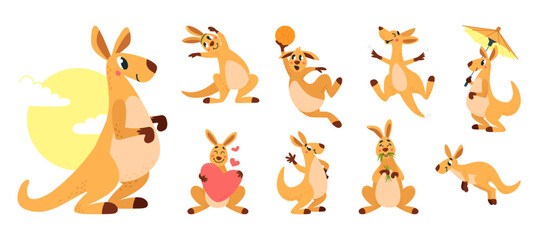 Funny kangaroo. Cartoon kangaroo characters in different poses. Australian wild animals jumping eating smiling. Cute classy vector animal from australia
