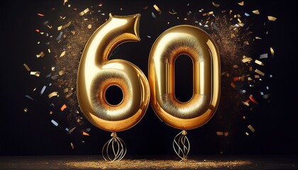 Gold birthday / anniversary balloon, number 60, black background with confetti