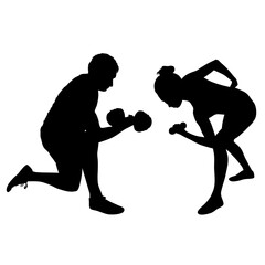 Vector silhouettes of man and woman doing fitness exercises for hands with dumbbells isolated on white background. Sport workout illustration. Health concept. 