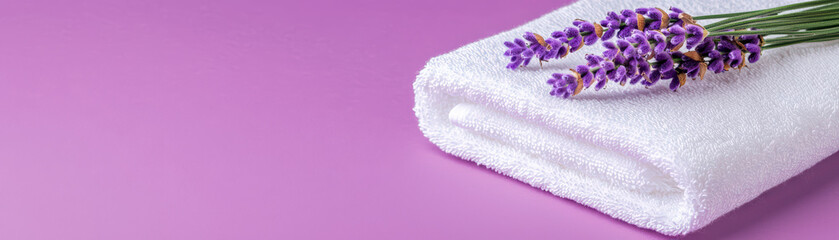fluffy white towel folded neatly with lavender flowers on purple background creates calming and serene atmosphere