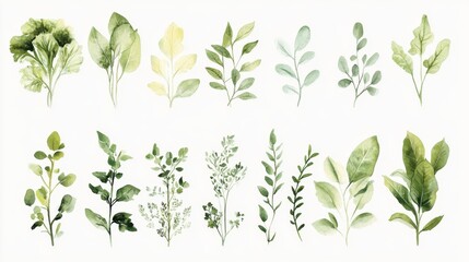 Artistic collection of hand-drawn vegetables and herbs in watercolor, clean white background, natural feel