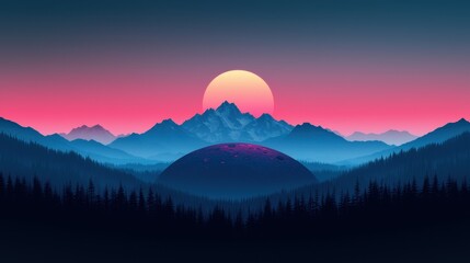 Serene Sunset Over Mountain Range with Forest and Alien Landscape in Background