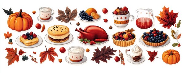 Colorful array of traditional Thanksgiving holiday foods and autumn symbols