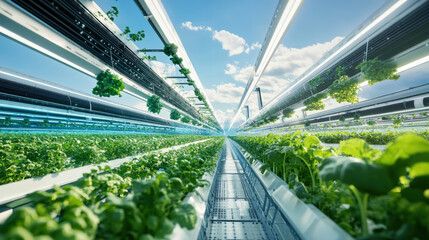 Futuristic farm with automated irrigation systems and vibrant greenery. This innovative agricultural setup showcases rows of healthy plants under bright lighting, emphasizing sustainability and