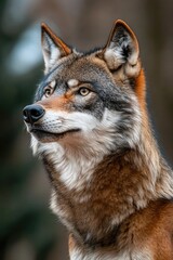 Fototapeta premium Close-up of a wolf's face with trees in the background